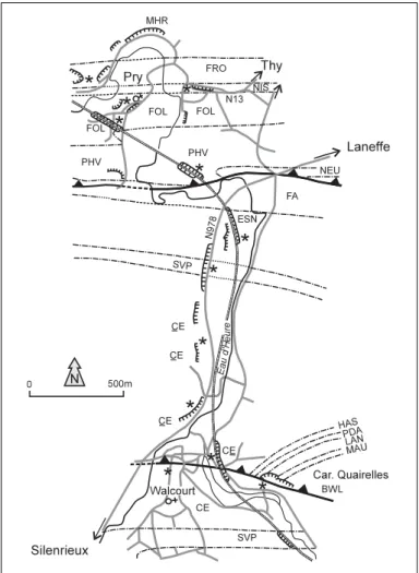 Fig. 5 : Affleurements conseillés pour les formations givetiennes, fras- fras-niennes, famenniennes et tournaisiennes, entre Pry et  Wal-court.