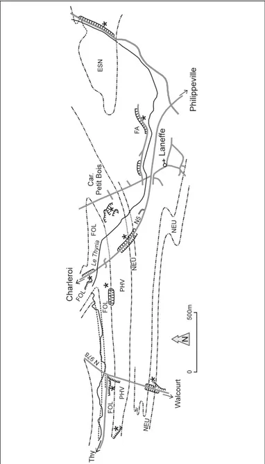 Fig. 7 : Affleurements conseillés pour les formations frasniennes et fa- fa-menniennes, à proximité de Laneffe.
