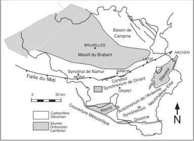 Fig. 1 :  Unités géologiques structurales majeures de la Belgique. Le rectangle ombré correspond à la carte Silenrieux-Walcourt (52/7-8).