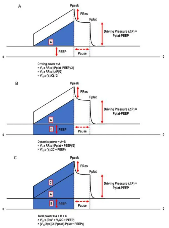 Figure 4 : Courbe pression-volume à débit inspiratoire constant permettant de définir les  aires associées au Driving power (A), Elastic power (B) et Total power ( C) (13)