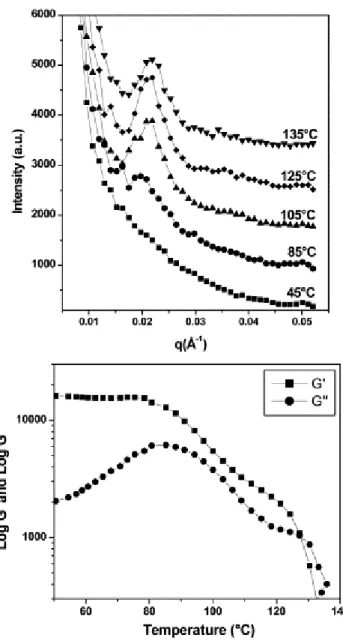 Fig. 3. (A) Temperature dependent SANS curves of a triblock copolymer gel reinforced with 2.2 wt% PDMS  coated silica