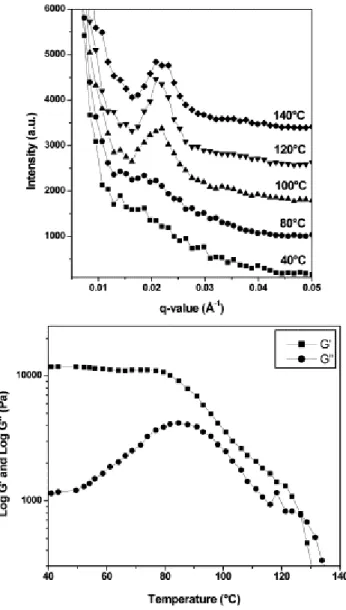 Fig. 4. (A) Temperature dependent SANS curves of a triblock copolymer gel reinforced with 2.2 wt% 