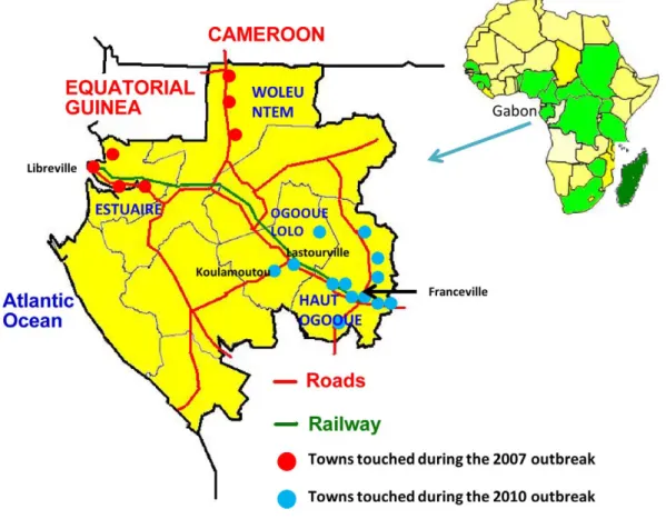 Figure 1. Map of Gabon, and location of the different Chikungunya outbreaks from 2007 to 2010.
