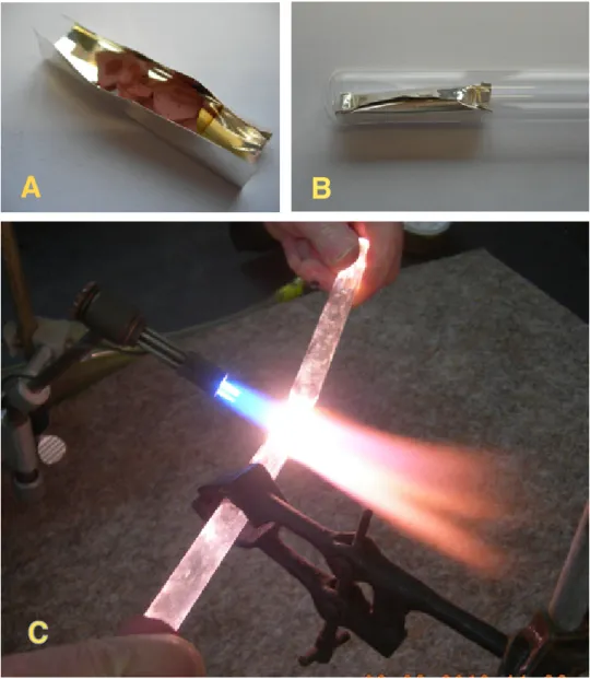 Figure  1.  A.  The  Ag  foil  is  open  to  show  fragments  of  the  pressed  pellet  of  starting  mixture
