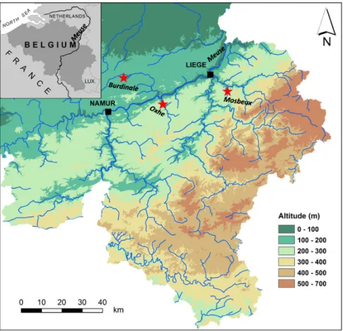 Fig. 1. The map of the location of the three small streams in the River Meuse Basin: Burdinale, Oxhe and Mosbeux, in southern Belgium.