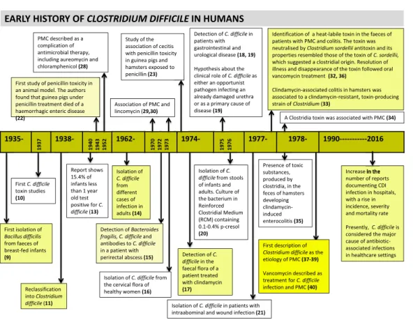 Fig. 1. Clostridium difﬁcile history in humans PMC: pseudomembranous colitis.