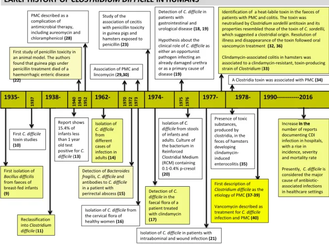 Fig. 1. Clostridium difﬁcile history in humans PMC: pseudomembranous colitis.