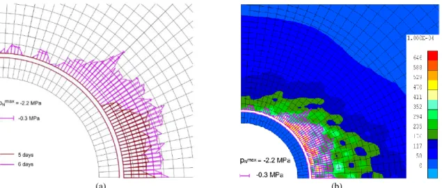 Figure 5a shows the diagram of the normal contact pressure on the interface between the lining and the  clay  mass  after  5  days  and  6  days  (i.e