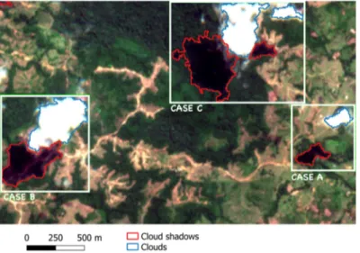 Figure 6. Examples of clouds and their shadows illustrating their possible separation and adja- adja-cency using a Sentinel-2 image of the study area