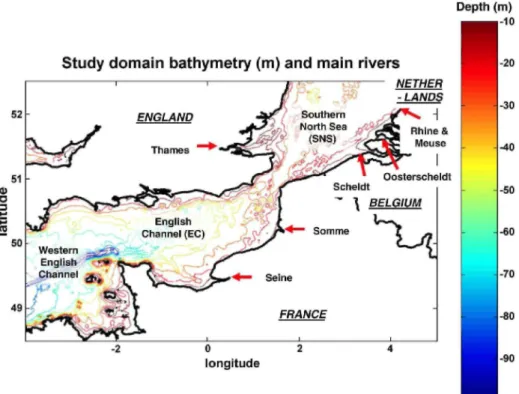 Fig. 1. Study domain with bathymetry and main rivers.