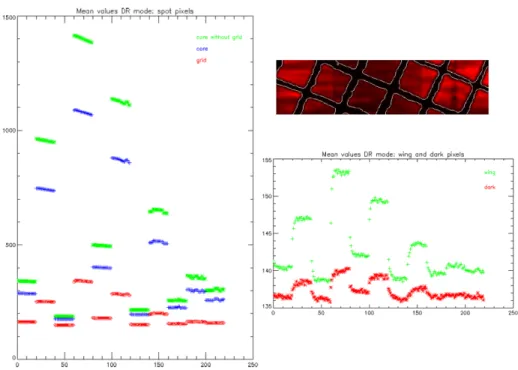 Figure 12 The mean pixel values in DS images of spot core and grid pixels (left) and of wing and dark pixels (right)