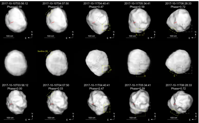 Fig. C.1: Comparison between the VLT / SPHERE / ZIMPOL deconvolved images of Iris (middle panel) and the corresponding pro- pro-jections of our shape model (top panel), and the shape model of Ostro et al