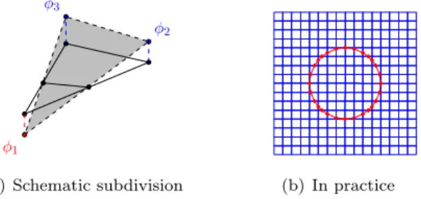 Figure 5: Subdivision of enriched elements using Level Set description of geometries.