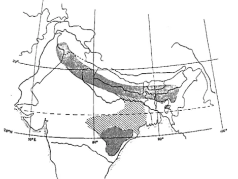 Figure  5:  Aire  de  répartition  de  Shorea  robusta  Gaertn.  Dans  les  zones  en  hachures  fines  (Sud  de  l'Himalaya,  Orissa),  l'espèce  est  largement  répandue; 