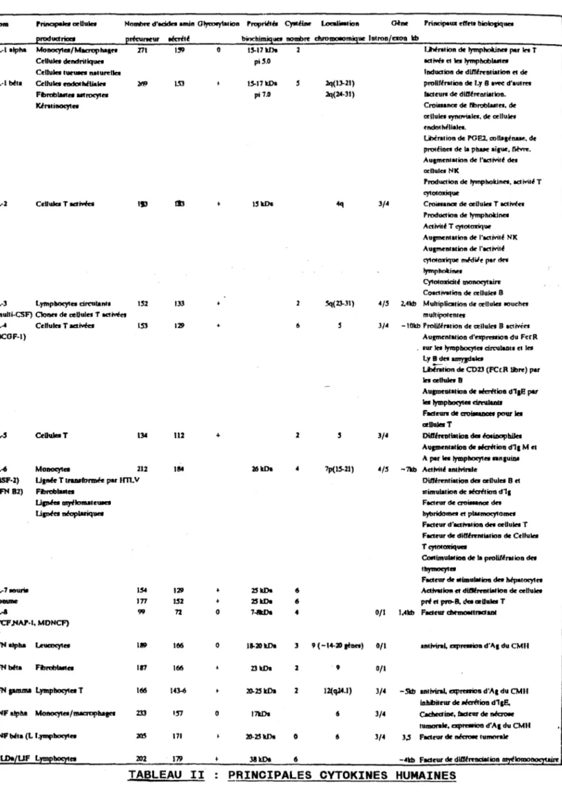 TABLEAU  II  PRINCIPALES  CYTOKINES  HUMAINES 