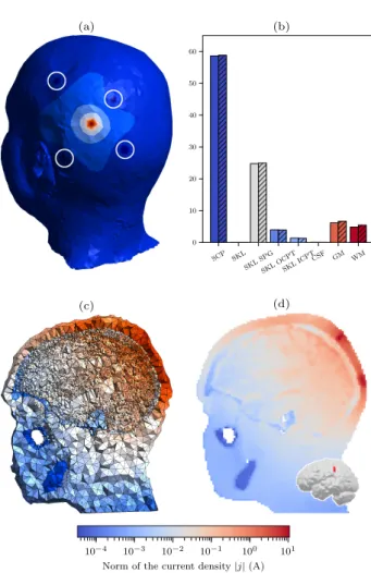 Fig. 4: (a) A view of the scalp potential induced by the set elec- elec-trodes surrounded in white, (b) the first and total order Sobol indices of the mean current density in the ROI for each tissue conductivity, (c) a cut of the current density inside the