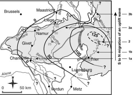 Fig. 7. Revised map of the post-0.73 Ma tectonic uplift of the western Rhenish shield and the Ardennes