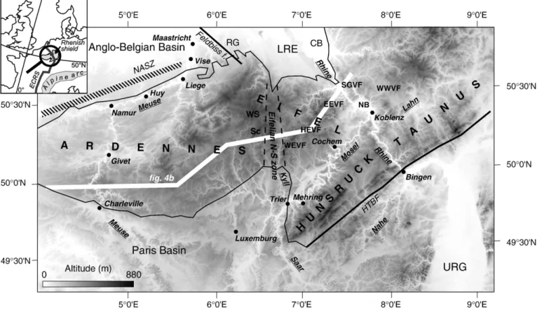 Fig. 2. Schematic cross-section of the Rhine valley with its terrace staircase (hatched) carved in the Rhenish shield