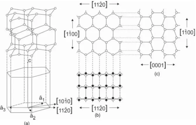 Figure II-5: Sea ice crystalline structure, where black points symbolise hydrogen atoms  and white circles symbolise oxygen atoms (from Weeks and Ackley, 1986)