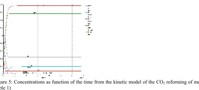 Figure 5: Concentrations as function of the time from the kinetic model of the CO 2  reforming of methane  (table 1) 