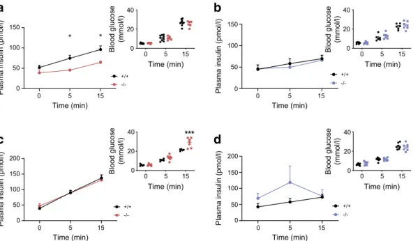 Fig. 4 Effect of C2cd4b deletion on in vivo glucose-stimulated insulin secretion. (a – d) In vivo insulin levels during IPGTT in C2cd4b-null and WT females (a, c) and males (b, d) on an RC diet, at 23 weeks of age (a, b) or an HFD at 19 weeks of age (c, d)