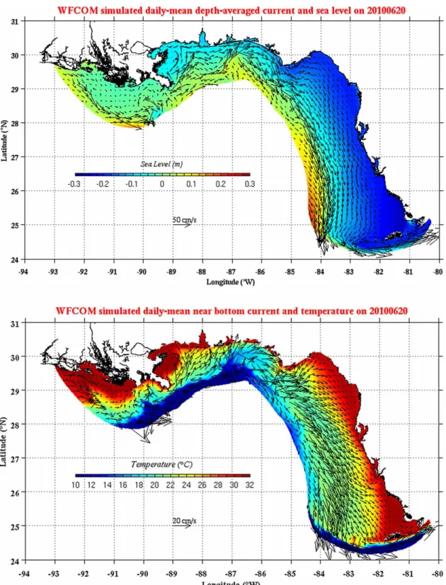 Figure 2. Snapshots on 20 June 2010 from a year-long WFCOM hindcast simulation. (Top): Daily and vertically averaged current vel- vel-ocity superimposed on sea surface height