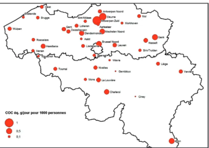 Figure 2. Equivalents cocaïne dans les eaux usées entrant dans les stations  d’épuration, durant le week-end (g/jour pour 1.000 personnes).