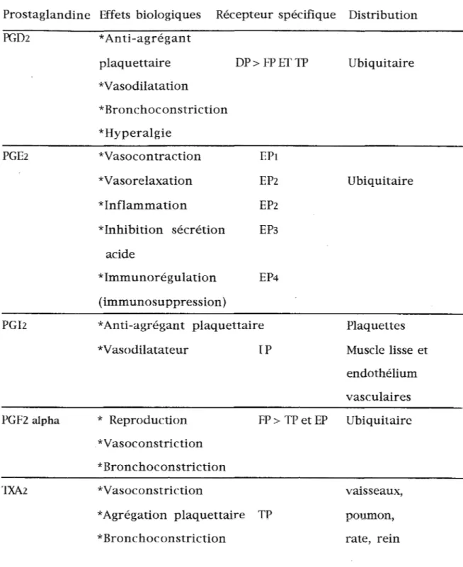 Tableau  1  :  Résumé  des  propriétés  biologiques  des  prostaglandines,  de  leurs  récepteurs spécifiques et de leur localisation,  d'après Coleman (1994)