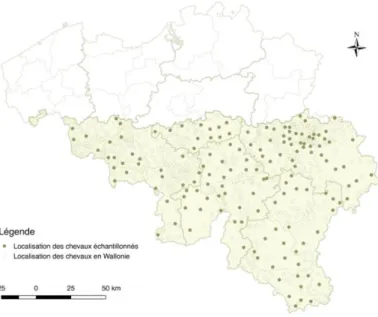 Figure  5 :  Localisation  des  communes  ayant  des  chevaux  recensés  en  Wallonie  (CBC  2014)  et  des  communes  où  étaient  localisés  les  chevaux  inclus  dans  l’échantillon  des  sérums  analysés  pour  la  mise  en  évidence  d’anticorps  Borr