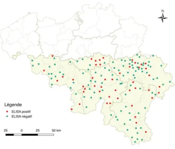Figure  6  :  Localisation  des  communes  où  résidaient  les  chevaux  inclus  dans  l’échantillon  selon  les  résultats  sérologiques Borrelia burgdorferi positifs ou négatifs