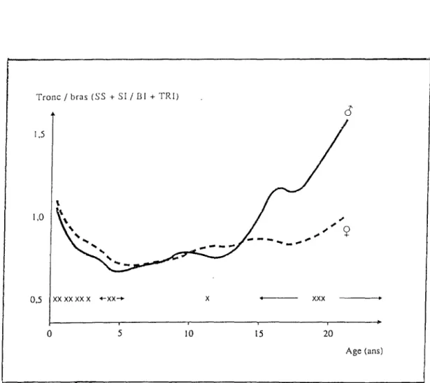Fig.  3  :  Évolution  du  rapport Tronc/Extrémité  des  plis  cutanés selon  /'âge  (d'après  Rofland- Rofland-Cachera  MF  et al,  /nt