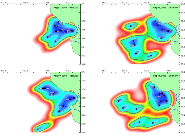 Fig. 5. Error map at different times during the AOSN 2003 experiment. Blue represents small error (good coverage) and red and white represents high error (poor coverage)