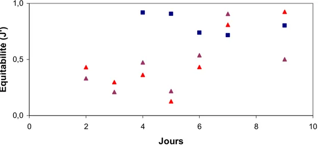Fig. 13 : Variation de l’équitabilité, calculée sur base du Pielou’s evenness index, au fil des jours et en fonction  de la face et du type de feuille.