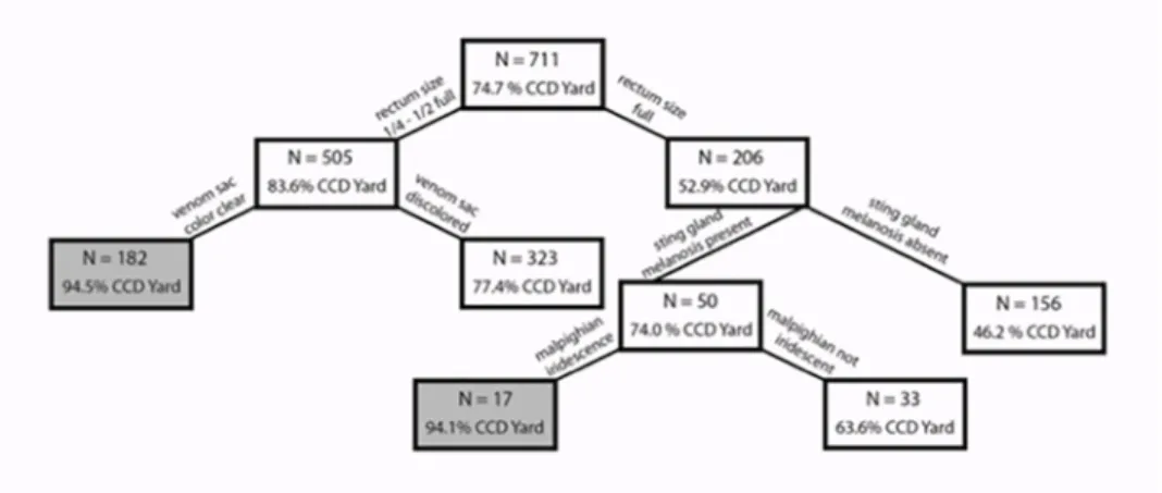 Fig 9. Classification tree of the factors distinguishing apiaries with CCD symptoms (n = 531) from control apiaries without any CCD symptomatic colonies (n = 180)