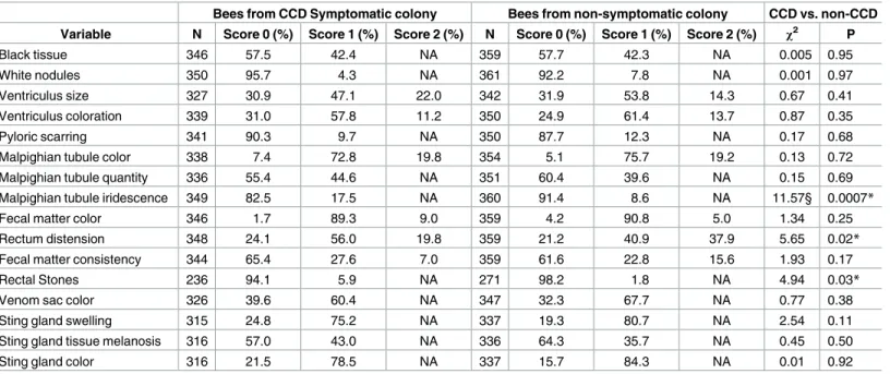Table 3. Frequency of symptoms in bees collected from CCD symptomatic verses non-CCD colonies, shown as the percent of individual bees with each score (prevalence)