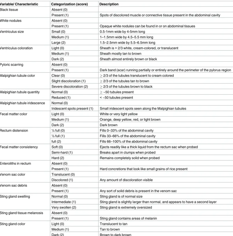 Table 1. Scoring criteria used to evaluate honey bee pathologies in the abdominal region corresponding to the images in Figs 1–8.