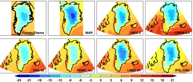 Fig. 3. Climatological (1980-1999) June-July-August mean 2 m temperature in the eight different climate models (in ◦ C).