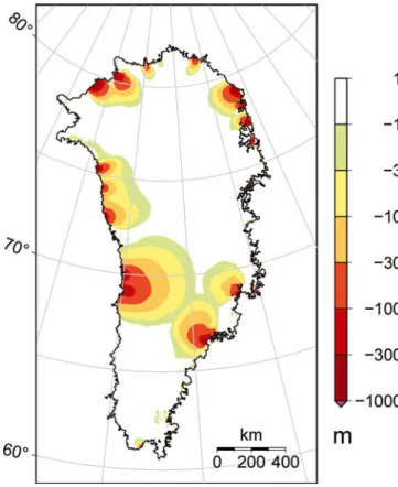 Figure 11 shows the thinning pattern after 200 years. The magnitude of the total thinning by AD 2200 amounts to up to 1000 m at the margin and is still &gt;1 m at the ice divide upstream of JKB and HH