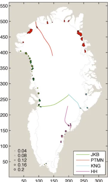 Fig. 1. Overview of outlet glacier forcing locations on the large- large-scale model grid