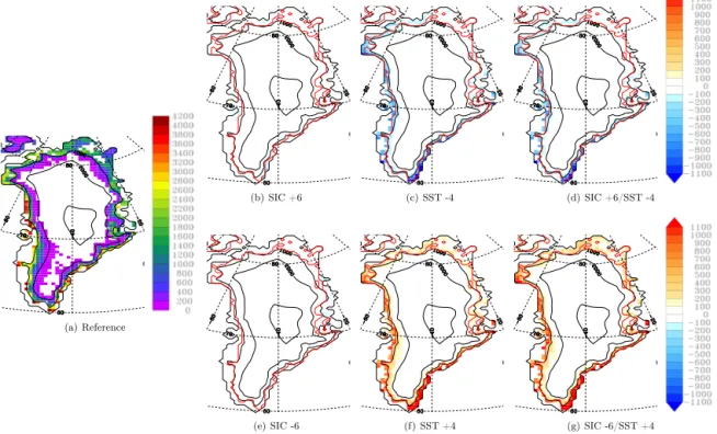 Figure 3. Annual mean cumulated runoff (mmWE yr −1 ) for the reference run (a) over 2007–2012