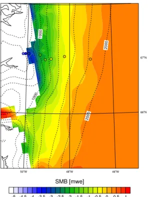 Fig. 10. Average surface mass balance for the period 1991–2010 in the K-transect region