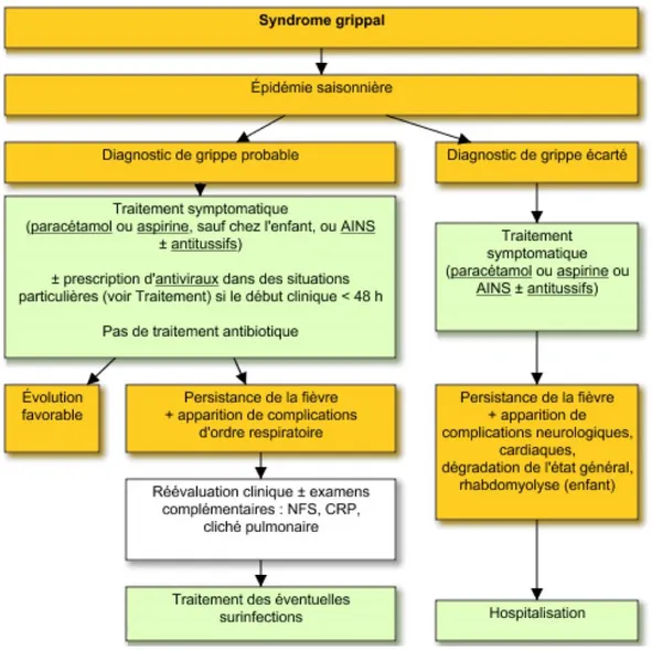 Figure 3 : arbre décisionnel présentant la prise en charge d’un syndrome grippal                                                        (Vidal Recos, fiche sur la grippe saisonnière du 18 février 2020)