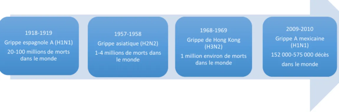 Figure 7 : Les pandémies grippales du XX e  et XXI e  siècles par ordre chronologique (25) (27) (29) (32) 