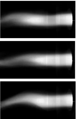 Figure 1.3: Unsteady features of the plasma jet measured by the high-speed camera. The high frequency acquisition by the HSC of light emission allows to get a qualitative picture of the unsteady heat and mass transfers occurring in the plasma ow [8]