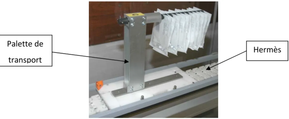 Figure 39 : Une palette de transport, chargée de sachets-doses unitaires, en circulation  sur Hermès 