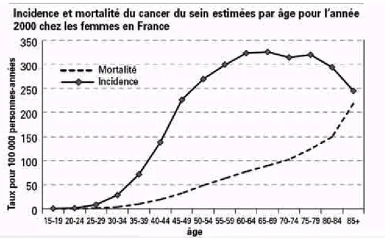 Figure 5 : Evolution de l’incidence et de la mortalité du cancer du sein en fonction de  l’âge en France pour l’année 2000 [93] 