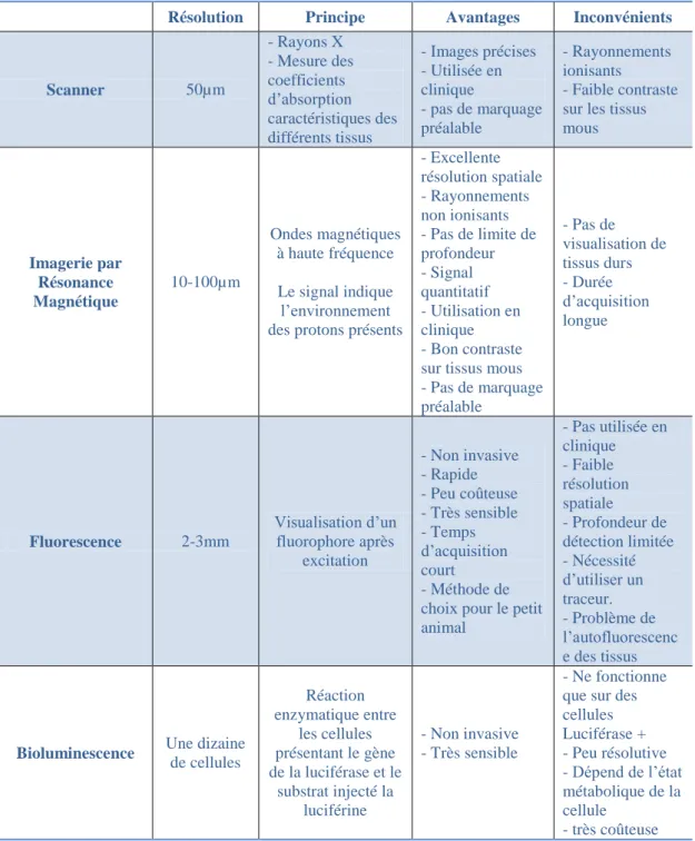 Tableau 1 : tableau comparatif des différentes méthodes d'imagerie in vivo non invasives 