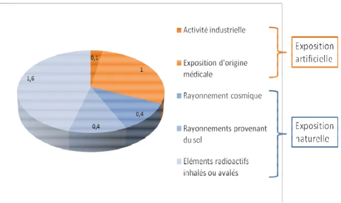 Figure 11: Impact des différents secteurs dans l'exposition aux rayonnements (chiffres en mSv) 