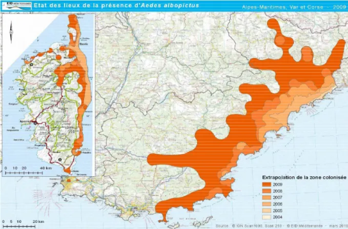 Figure 7: évolution de la zone colonisée par Aedes albopictus en France métropole entre  2004 et 2009 [14]