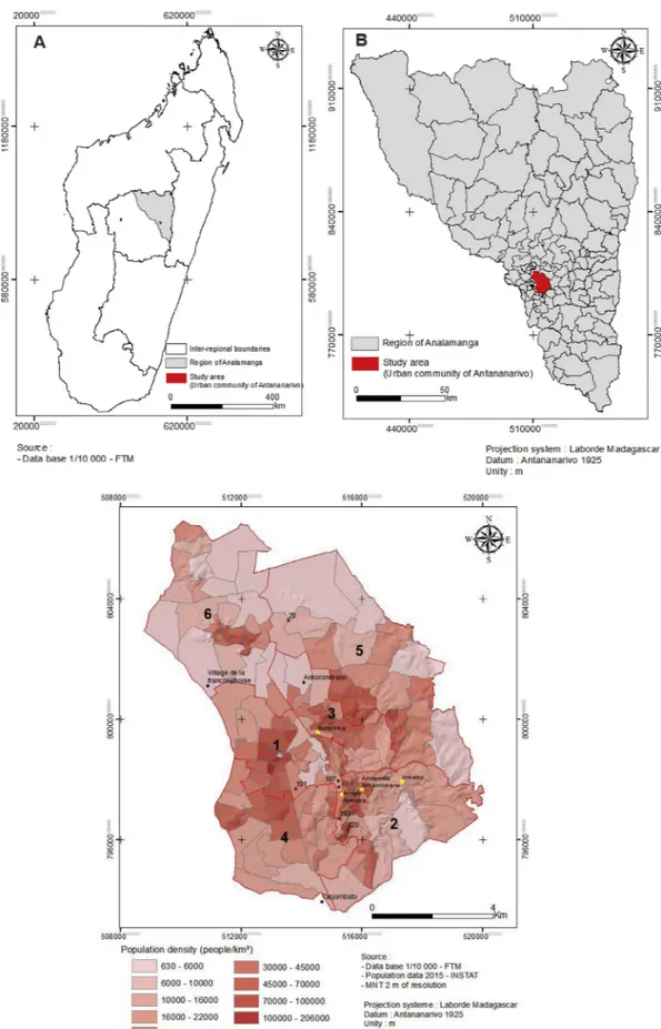 Fig. 1. Antananarivo location, population and infrastructure. A. Administrative division in provinces in Madagascar; B